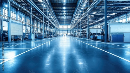 A spacious industrial facility with high ceilings, large machinery, and a polished floor, designed for manufacturing and production activities.