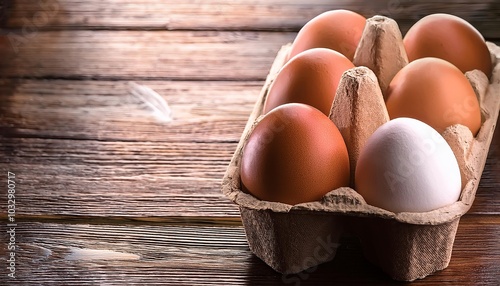 Chicken eggs in carton box on wooden background, space for text. photo