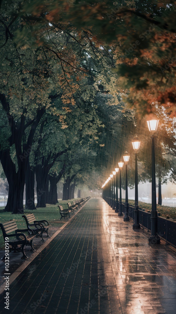 Obraz premium Rain-soaked park path with autumn trees and streetlights casting soft light