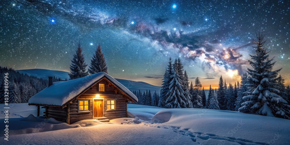 Serene Snow-Covered Cabin Under a Starry Night Sky – Cozy Winter Retreat in a Tranquil Landscape with Twinkling Stars and Soft Snowfall, Perfect for Nature Lovers and Holiday Vibes Serene Snow-Covered Cabin Under a Starry Night Sky – Cozy Winter Retreat in a Tranquil Landscape with Twinkling Stars and Soft Snowfall, Perfect for Nature Lovers and Holiday Vibes