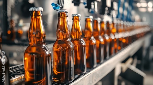 Brown glass beer drink alcohol bottles, brewery conveyor, modern production line. photo