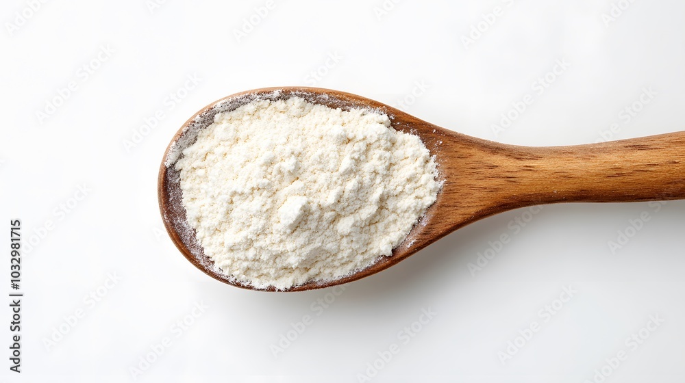 Close-up of tapioca starch or flour powder in wooden spoon on white background. Close-up of tapioca starch or flour powder in wooden spoon on white background.