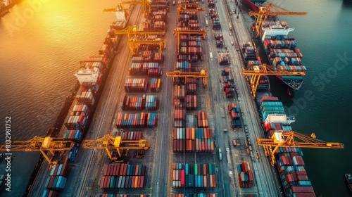 Aerial view of a busy shipping port with containers and cranes during sunset.