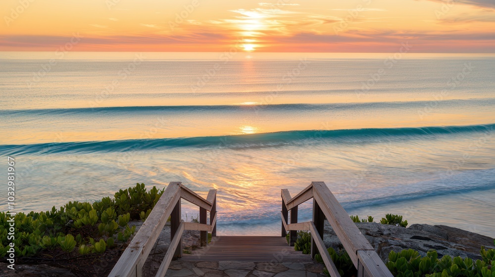 Tranquil beach at sunset with wooden staircase leading to shore, golden light Tranquil beach at sunset with wooden staircase leading to shore, golden light