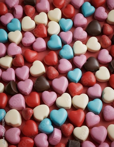 Colorful heart-shaped candies in pastel tones, sweet mood, representing love and affection