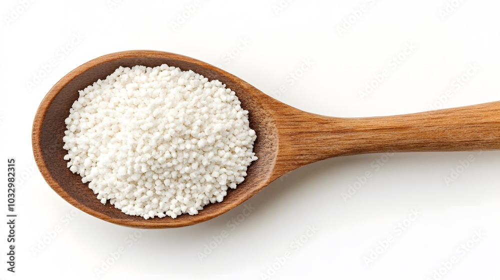 Close-up of tapioca starch or flour powder in wooden spoon on white background. Close-up of tapioca starch or flour powder in wooden spoon on white background.