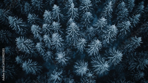 Aerial view of frosty evergreen trees, showcasing a serene winter landscape.