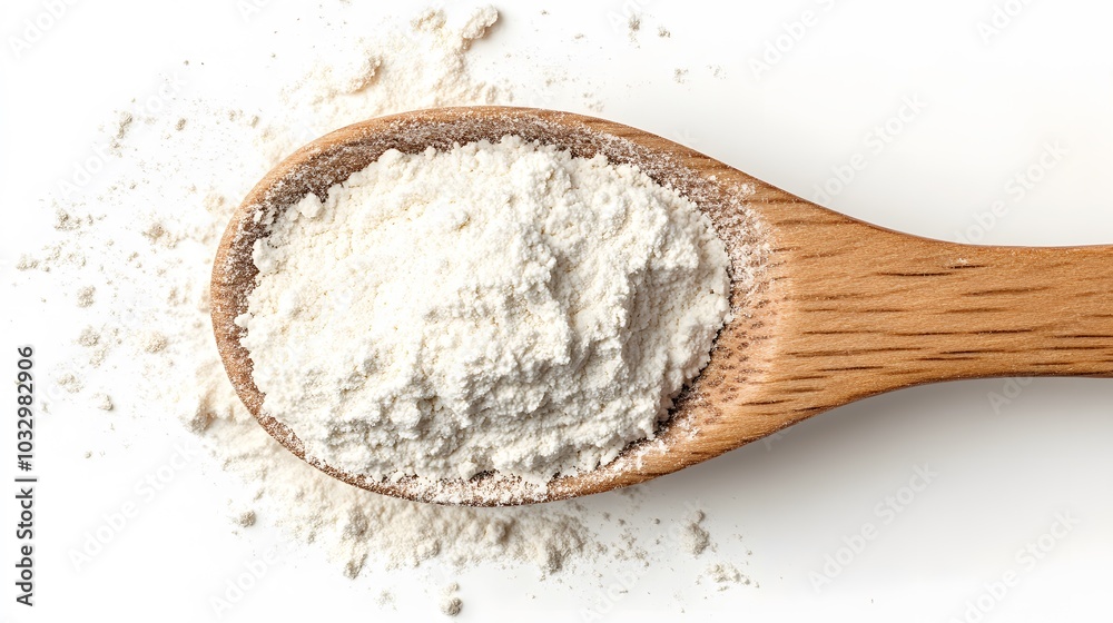 Close-up of tapioca starch or flour powder in wooden spoon on white background. Close-up of tapioca starch or flour powder in wooden spoon on white background.