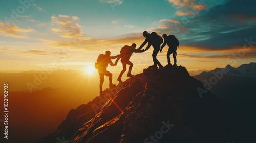 Silhouetted figures assist each other while climbing a mountain at sunset, symbolizing teamwork and perseverance.