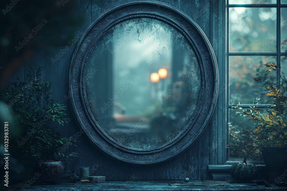 A haunted mirror that reflects something sinister in the background, despite the room appearing empty, adds a chilling twist to Halloween horror. Concept of fear. A haunted mirror that reflects something sinister in the background, despite the room appearing empty, adds a chilling twist to Halloween horror. Concept of fear.