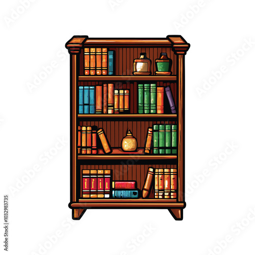 Illustration of a classic wooden bookshelf filled with neatly arranged books, decorative objects, and some are leaning.