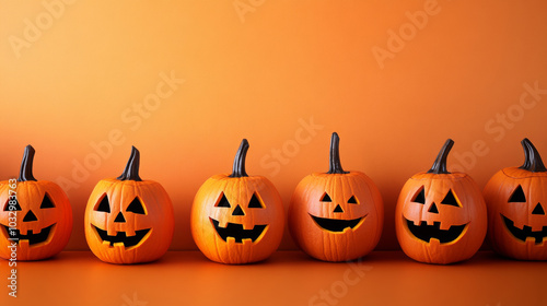 3D halloween pumpkins jack-o-lantern decoration vibrant orange banner background with copy space