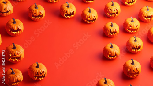 3D halloween pumpkins jack-o-lantern decoration vibrant red orange high view background with copy space