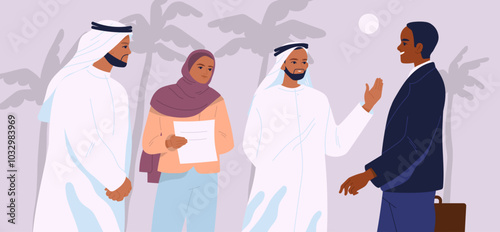 Arabic business people. Group of Muslim entrepreneurs discuss project and make deal with partners and colleagues. Agreement and contract. Collaboration and teamwork. Flat vector illustration