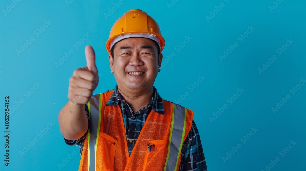 Fat asian construction worker wearing orange safety vest and helmet showing thumb up sign smiling on blue background Fat asian construction worker wearing orange safety vest and helmet showing thumb up sign smiling on blue background