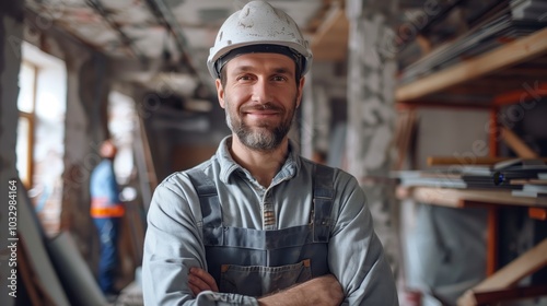 A portrait of a happy and smiling male construction worker in his thirties, wearing grey overalls with a helmet standing inside a house under workers working on a new ceiling