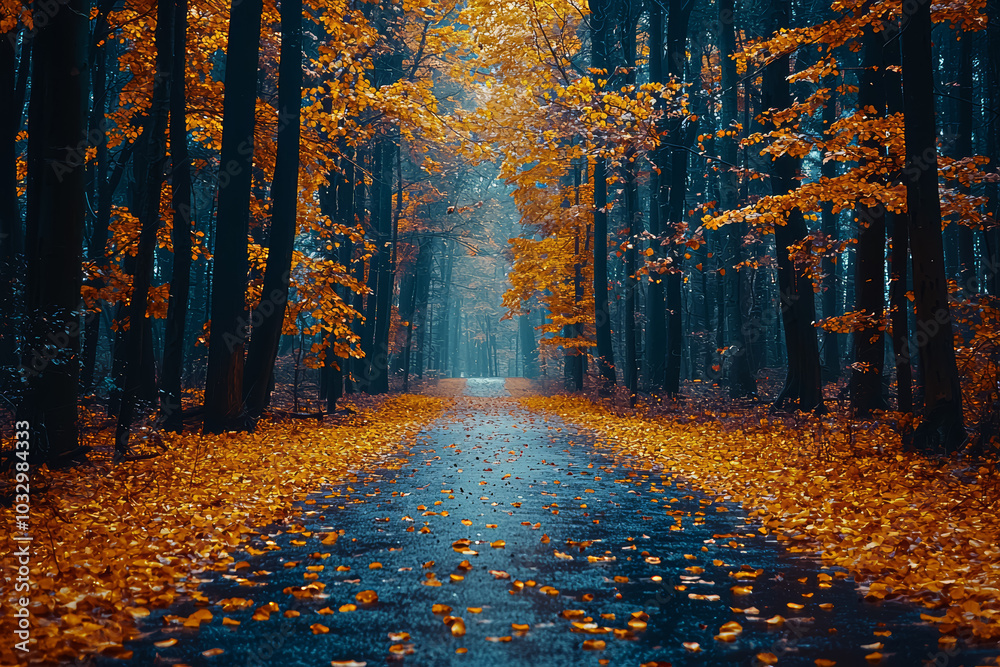 Fototapeta premium A forest path covered in golden autumn leaves creates a nostalgic and peaceful scene of seasonal beauty. Concept of beauty in nature.