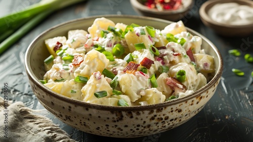 Bowl of Creamy Potato Salad with Bacon and Chives