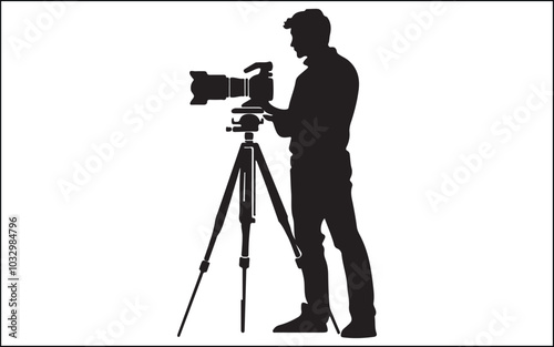 Photograph and photo camera on street. Isolated silhouettes of people on white background