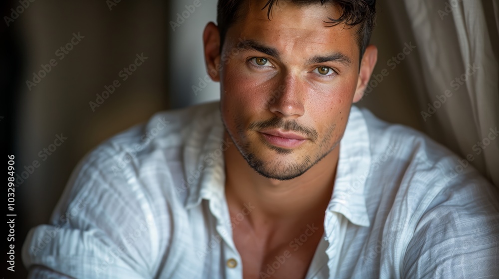 headshot of a muscular and handsome Italian man with short hair, clean shaven, brown eyes, wearing a white linen shirt headshot of a muscular and handsome Italian man with short hair, clean shaven, brown eyes, wearing a white linen shirt