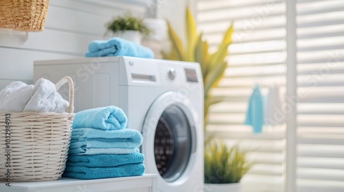 Clean Laundry Setup: Modern washing machine with detergents, fresh towels, and a laundry basket in a bright, organized laundry room photo