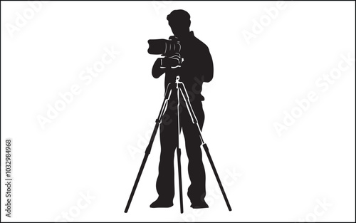 Photograph and photo camera on street. Isolated silhouettes of people on white background