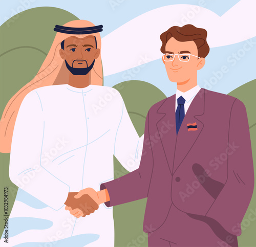 Arabic business people. Saudi man in traditional Muslim robe shakes hands with his business partner. Male entrepreneur communicates with colleague and makes deal or agreement. Flat vector illustration