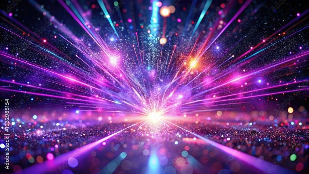 Fototapeta premium Vibrant Hologram Burst with Purple Laser Sparkle - Modern Neon Party Poster Design Featuring Glittering Effects and Falling Dust for Festive Celebrations
