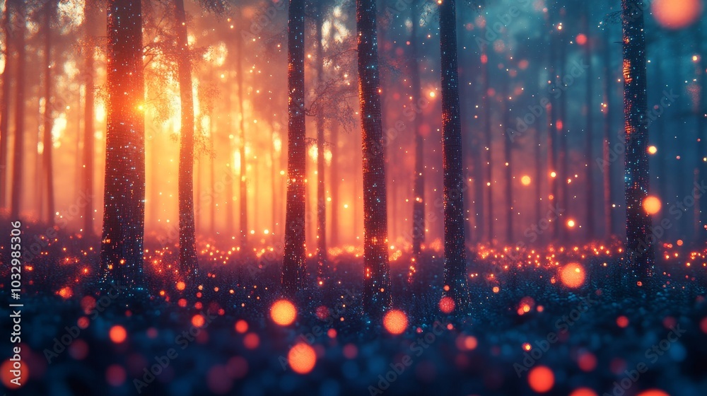 Fototapeta premium Enchanted forest a mystical journey through trees illuminated by glowing orbs and ethereal light at dusk