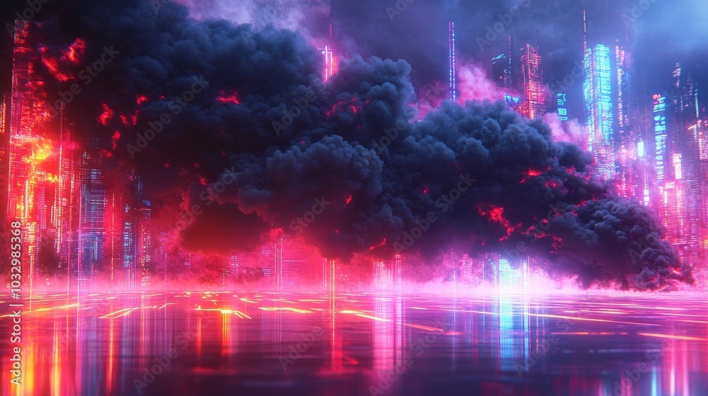 Obraz premium Vibrant digital cityscape erupts in fiery hues against a background of thick smoke and neon lights