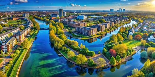 Aerial Double Exposure of Watermead Way and Tottenham's Urban Landscape, Showcasing Residential Areas and Marshes Under Clear Sky in London, UK photo