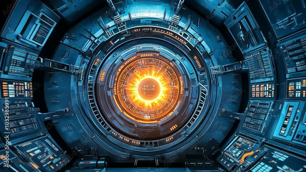 A futuristic control room with a glowing orange core A futuristic control room with a glowing orange core