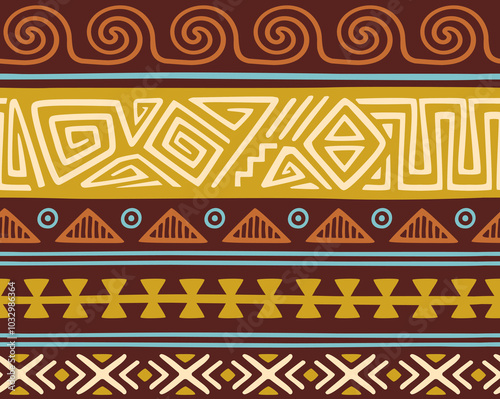 Ethnic seamless pattern. Repeating tribal ornament with abstract geometric shapes and symbols in Navajo style. Aztec design element for wallpaper and fabric printing. Hand drawn vector illustration