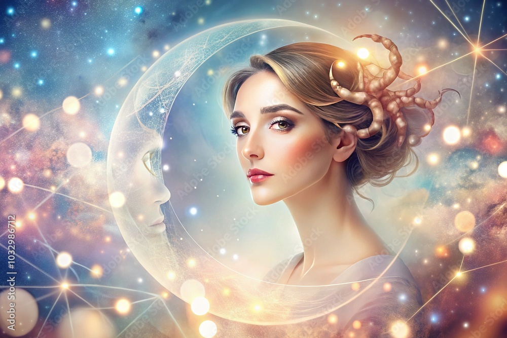 Boho Zodiac Sign Cancer Art with Female Character - Celestial Illustration and Modern Collage for Astrology Lovers Boho Zodiac Sign Cancer Art with Female Character - Celestial Illustration and Modern Collage for Astrology Lovers
