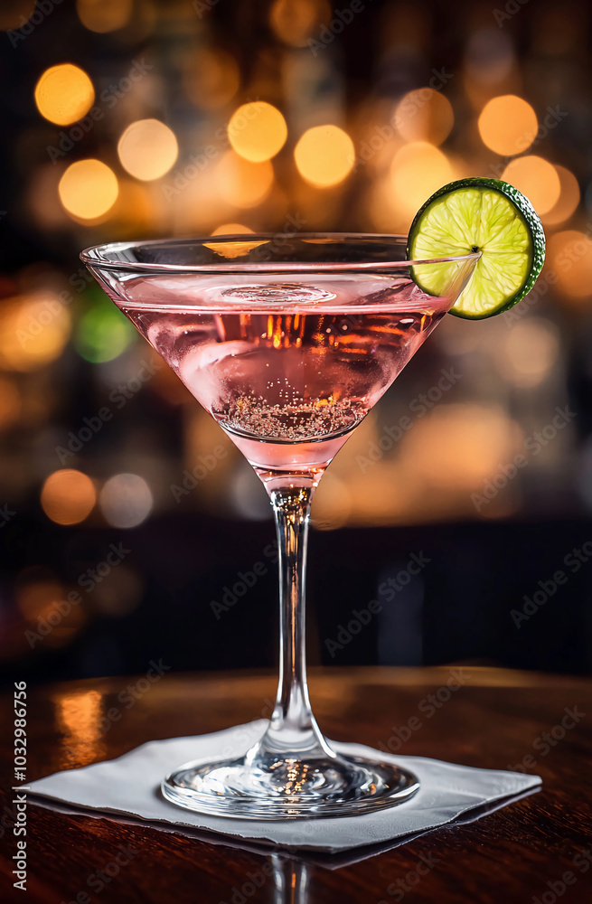 A pink martini cocktail in an elegant glass with a lime wedge on the rim, sitting on a dark wooden bar table, with bokeh lights in the background. A pink martini cocktail in an elegant glass with a lime wedge on the rim, sitting on a dark wooden bar table, with bokeh lights in the background.