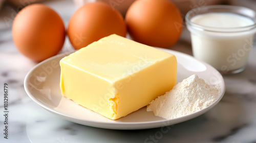 On a plate there is butter and flour on a marble table, accompanied by eggs and milk