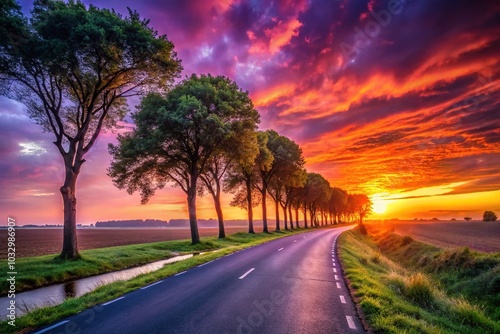 Breathtaking Sunset Over a Serene Road with Vibrant Colors and Tranquil Atmosphere, Ideal for Nature Lovers, Travel Enthusiasts, and Scenic Photography Aficionados