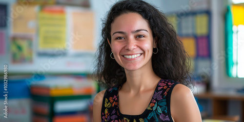 Young Latina teacher smiling at the camera, blurred classroom in the background