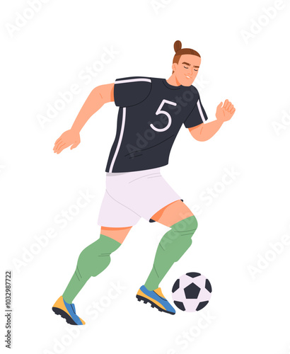 Soccer player. Fast male forward runs, kicks ball and scores goal. Man athlete plays in European football league. Sports and activity. Flat vector illustration isolated on white background
