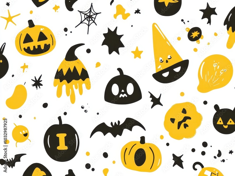 Fototapeta premium A Seamless Pattern Featuring Black and Yellow Halloween Icons