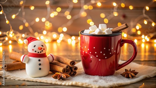 Cozy Christmas Scene with Red Mug of Hot Chocolate, Marshmallow Snowman, Cinnamon Stick, and Twinkling Lights for Holiday Cheer and Warmth