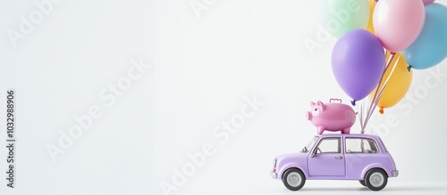 Vintage toy car in pastel color with colorful balloons floating through the air capturing a whimsical and festive concept  The miniature car symbolizes travel adventure and childhood nostalgia