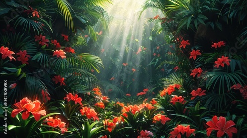 Sunbeams Through Lush Tropical Jungle