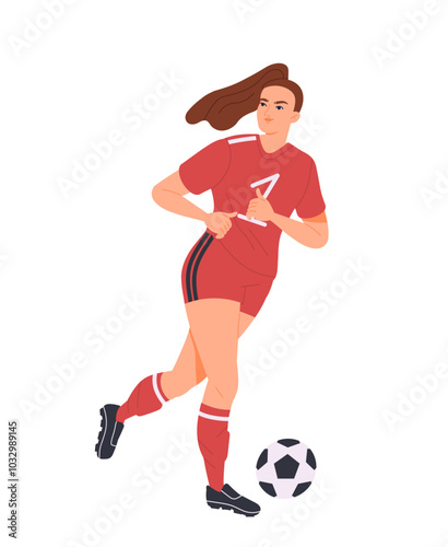 Soccer player. Strong girl athlete runs and kicks ball. Sports and activity. Woman plays in European football league, championship or competition. Flat vector illustration isolated on white background