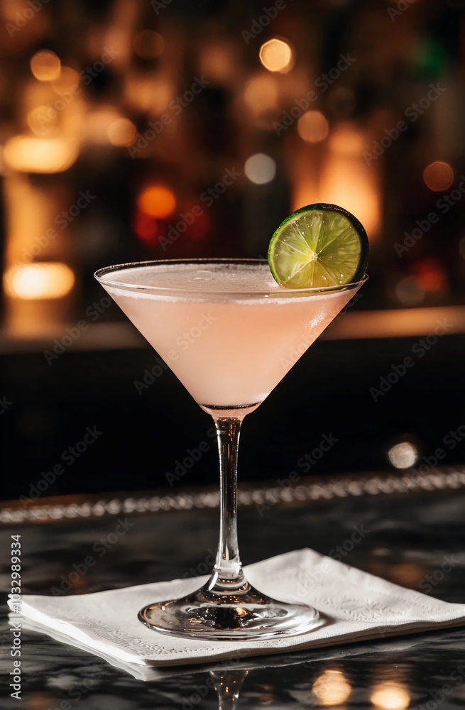 A pink-colored, low-quality cocktail in an elegant martini glass, garnished with a lime wedge and placed on the edge of a bar counter. A pink-colored, low-quality cocktail in an elegant martini glass, garnished with a lime wedge and placed on the edge of a bar counter.