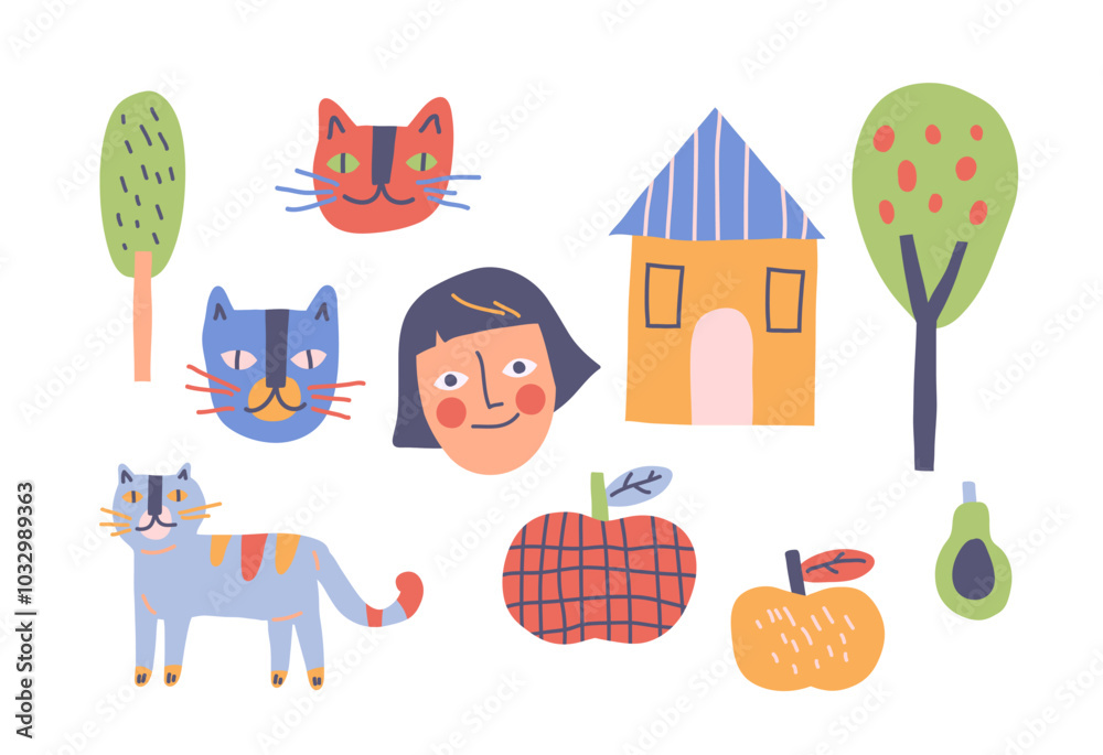 Fototapeta premium Set of funny children drawings. Adorable kid doodles with cute animal faces, trees and houses. Scribbles of preschoolers. Hand drawn vector illustration collection isolated on white background