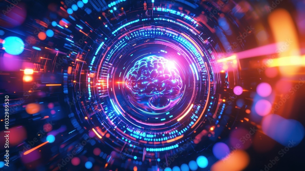 Colorful Digital Brain Spinning in a Tech Environment Colorful Digital Brain Spinning in a Tech Environment