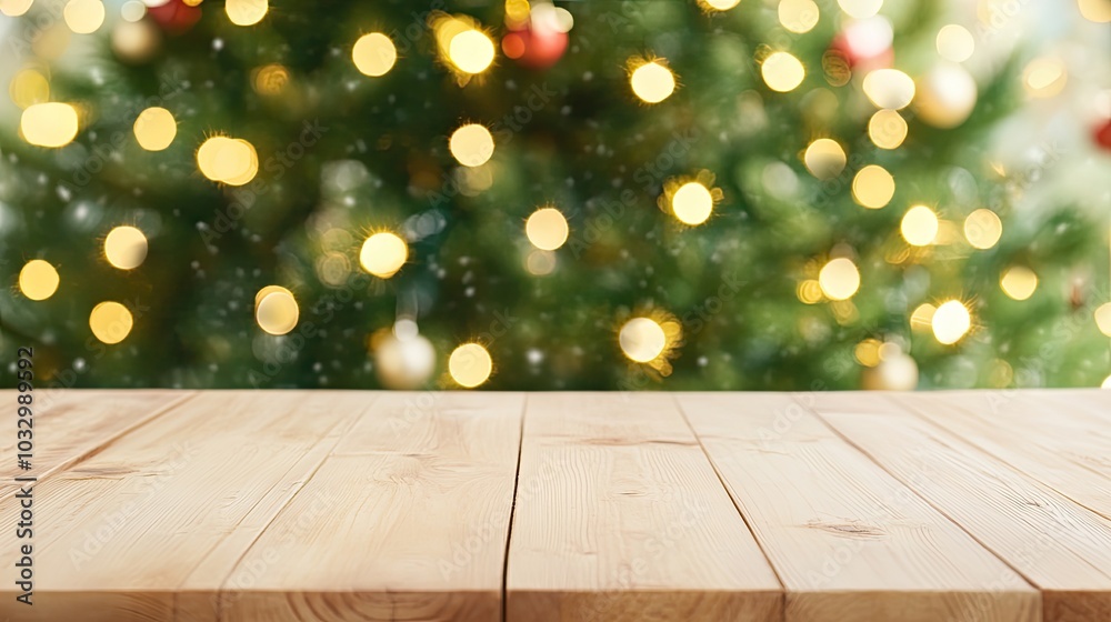 Empty wooden table with a blurred Christmas tree in the background, perfect for holiday product presentations or advertising mockups. Festive and cozy setting ideal for showcasing seasonal, gift, Empty wooden table with a blurred Christmas tree in the background, perfect for holiday product presentations or advertising mockups. Festive and cozy setting ideal for showcasing seasonal, gift,
