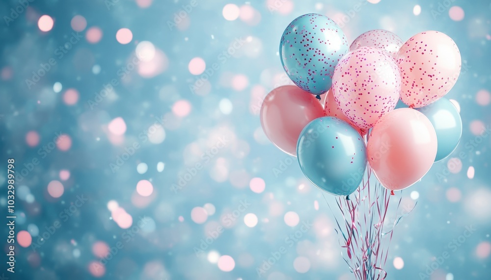 Pink and Blue Confetti Balloons Against a Blurred Blue Background Pink and Blue Confetti Balloons Against a Blurred Blue Background