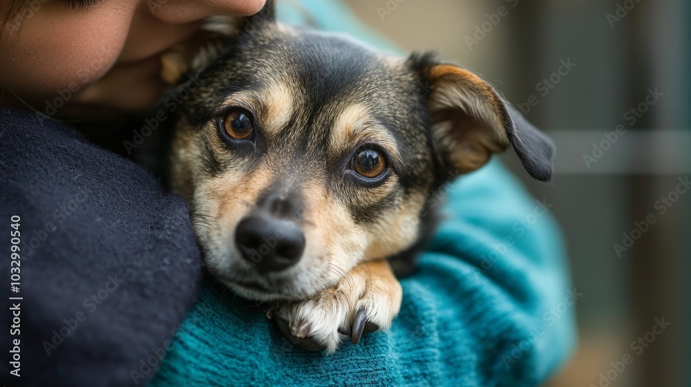 A rescued dog being lovingly cradled in the arms of a caring volunteer A rescued dog being lovingly cradled in the arms of a caring volunteer